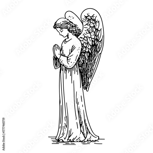 Praying Angel Standing Hand Drawn Christian Religious Vector Sketch