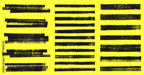 Grunge linocut rectangle stripes streaks, layered shapes rough distressed textured set. Artistic dividers borders backgrounds text box frames collection. Paint roller stains, lino ink grungy remains