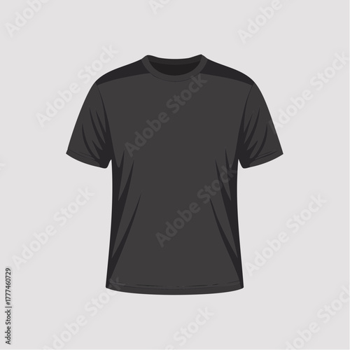 A plain black short-sleeved t-shirt with a round neck, isolated on a light gray background.