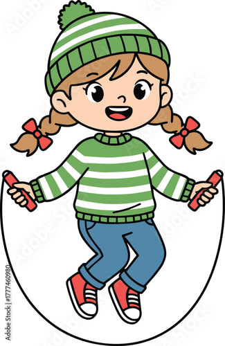 PrintCartoon child skipping rope, playful activity, cheerful expression, outdoor fun, colorful outfit, exercise illustration, white background, energetic motion, kids fitness
