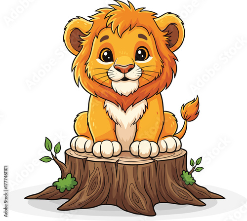 PrintCartoon lion cub on tree stump, cute animal illustration, cheerful jungle character, forest wildlife scene, playful nature art, children’s design
