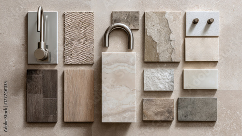 bathroom renovation moodboard with tile samples, faucet parts, marble