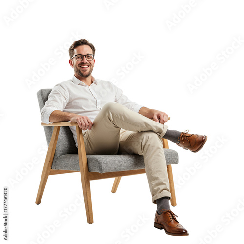 Smiling man in casual attire sitting confidently in a modern armchair isolated on transparent background