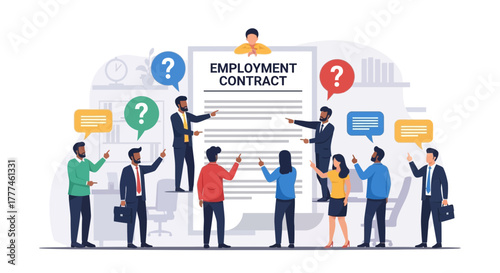 Illustrated employment contract review with questioning employees and employer