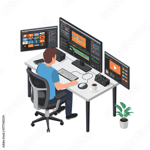 Professional video editor working on modern setup at bright home office