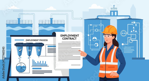 Industrial worker showcasing employment agreement in plant processing setting