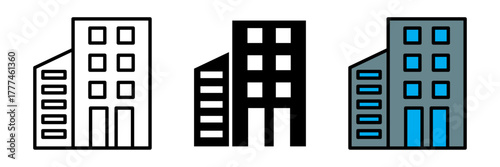 A modern flat-style office building outline icon in colored, filled, and stroke design. Represents corporate offices, business infrastructure, and architecture.