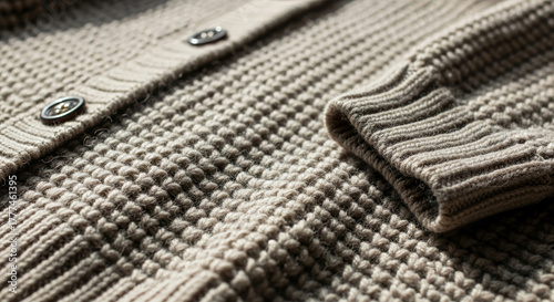 Knit cardigan close-up shows soft texture, warm colors, and classic details. Knit cardigan displays buttons and a textured pattern that creates a cozy, comforting feel. 