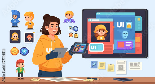 Illustrative character designer creating user interface elements for digital games