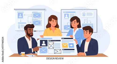 Collaborative design review meeting focuses on website wireframes and user flows