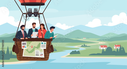 Team leadership strategy, business vision concept in a hot air balloon adventure