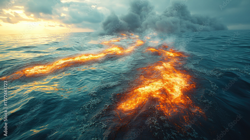 Fototapeta premium Oil Spill and Fire on Ocean Surface Under Dramatic Clouds
