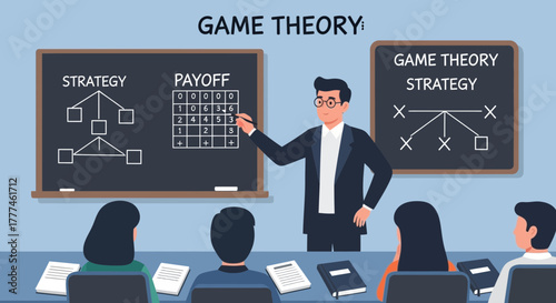 Illustration of a game theory lecture with professor and students in classroom