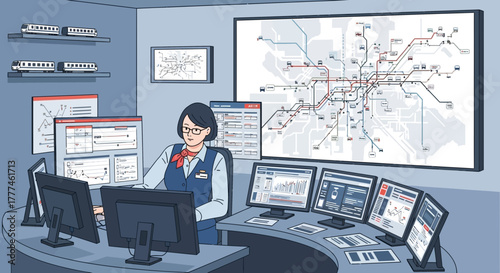 Illustration of a female dispatcher managing transportation network from control room
