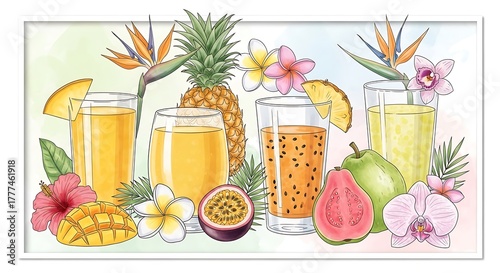 Fototapeta Naklejka Na Ścianę i Meble -  Hand drawn watercolor banner of tropical fruits and refreshing juices.