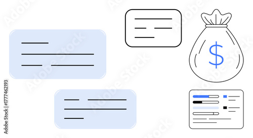 Financial documents with lines of text, money bag with dollar sign, data visualization elements. Ideal for finance, planning, savings, budgeting, accounting investment overview. Simple flat