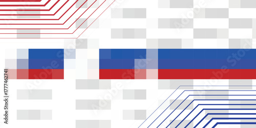 Abstract digital background with pixelated Russian flag colors and geometric lines.