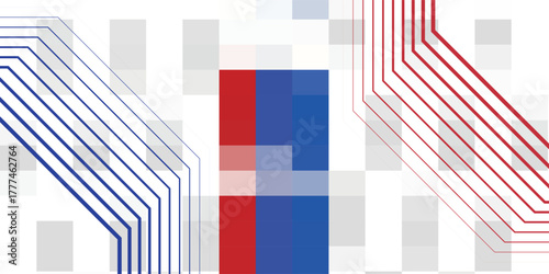 Abstract technological background with red and blue parallel lines converging on a central block over a pixelated grid.