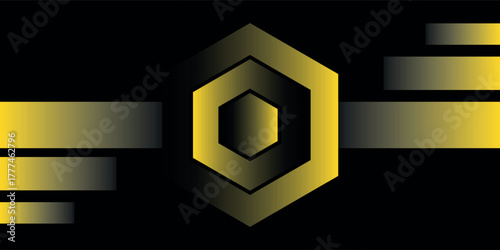 Abstract yellow and black graphic design featuring a central layered hexagon and horizontal bars.