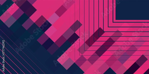 Abstract geometric background with vibrant pink and dark blue pixelated patterns and lines.