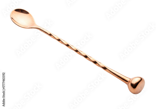 Isolated copper cocktail mixing spoon for bar service, barware, spirits, and mixology purposes