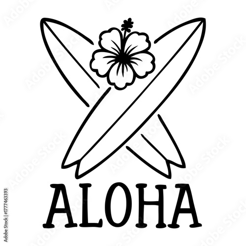 Logo club de surf. Letras palabra Aloha con tablas de surf cruzadas con flor de hibisco