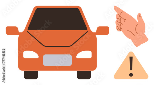 Orange car facing forward alongside a pointing hand gesture and triangular caution sign with exclamation mark. Ideal for safety, navigation, driving alerts, learning, guidance, road rules