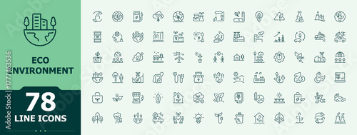 ECO Environment icon set. Energy icon set in linear style. Minimalist icons pack. Pack of forest, ecology, earth, sustainability, green, ecosystem and more. Vector illustration.