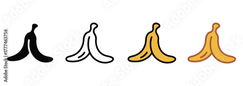Playful banana peel icons in multiple styles for your next creative project, vibrant and fun food themed designs with a modern aesthetic, perfect for websites, apps, and branding