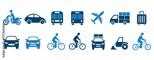 Dynamic collection of modern transportation icons including cars, motorcycles, buses, airplanes, trucks, and bicycles for travel and logistics concepts