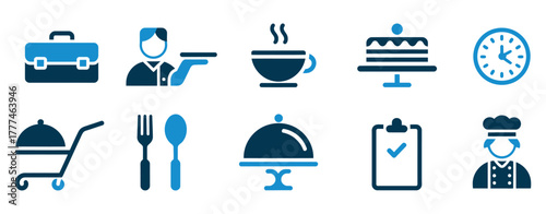 Professional icons representing business, catering, and time management, perfect for modern corporate presentations, service industry branding, and digital content creation.