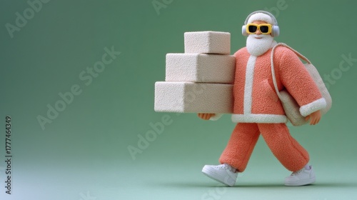Santa Claus delivers parcels in modern style with headset and sunglasses against mint green backdrop