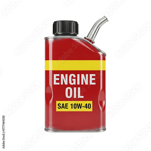 Vintage style red metal canister filled with sae 10w 40 engine oil featuring a spout and black cap isolated on black background