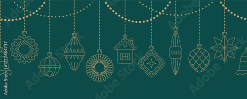 Minimalist festive line gold Merry Christmas, Happy New Year hanging ball, toy banner. Simple vector bauble, garland, festoon for card, package decoration