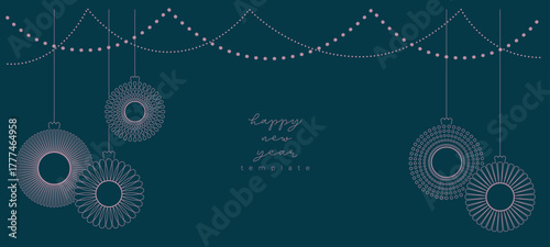 Line Happy new year, Christmas luxury banner, card with simple toy, ball, bauble on blue background. Festive winter holiday modern minimalist vector decoration