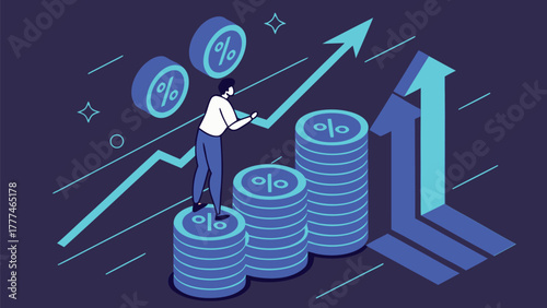 Isometric Financial Growth Concept with Businessman Standing on Coin Stacks