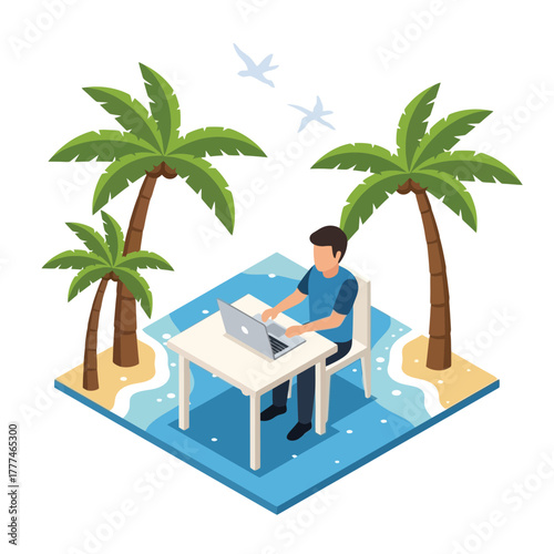 Digital nomad working on laptop by beach with palm trees and ocean waves