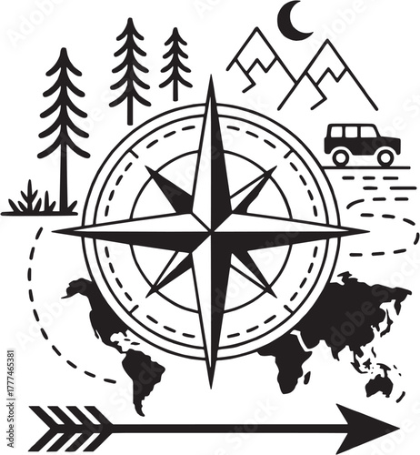 Compass and mountain adventure vector. Navigation, outdoor, camping, journey, exploration, wilderness, forest, travel, adventure, mountain design
