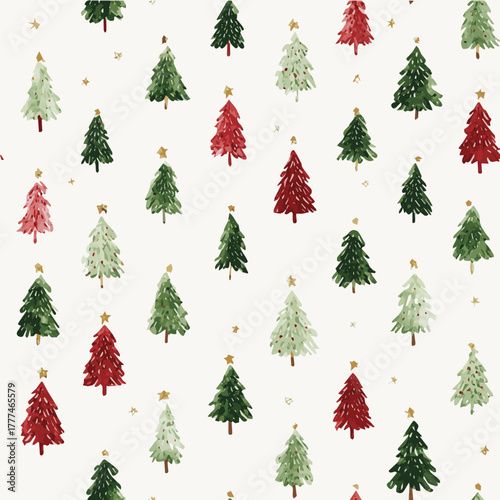 Seamless pattern of hand-painted Christmas trees, watercolor illustration style