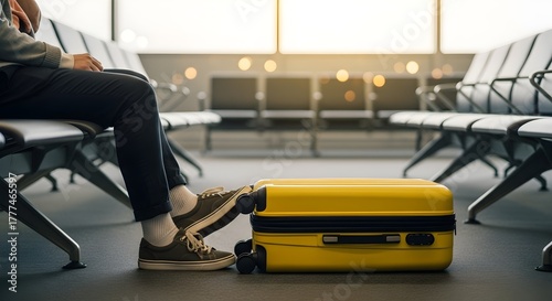Person sitting in airport waiting area with yellow suitcase and shoes on it near empty chairs