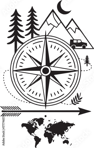 Compass and world map travel design. Navigation, adventure, direction, journey, exploration, mountain, road trip, outdoor, global travel concep
