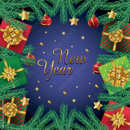 Christmas greeting happy new year, festive decoration. Set of holiday elements, web template for postcard, illustration for social networks - Vector illustration