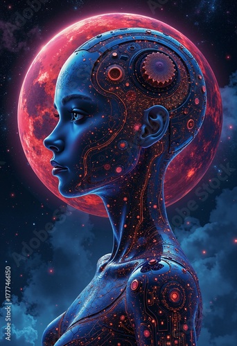 The image shows an android with futuristic elements and glowing patterns on its skin, reminiscent of electronic circuits