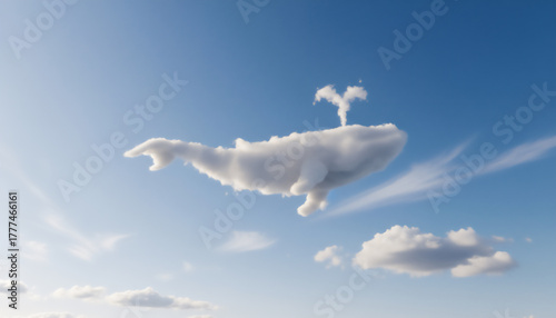 青空に浮かぶクジラの形をした雲　幻想的で夢のある空の風景背景　ナチュラルでファンタジックなデザイン素材やポスター、子ども向けアートに最適な爽やかな雲景イメージ