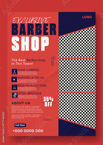 Modern barber shop advertisement with vintage style featuring haircuts and grooming services.
Modern barber shop advertisement with professional haircut services and discount offer.