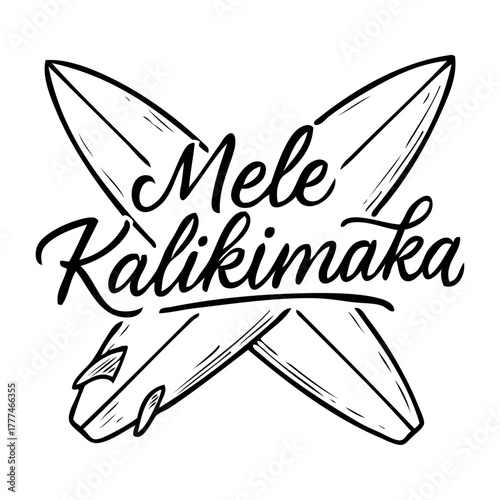 Mensaje con texto Mele Kalikimaka en tablas de surf cruzadas. Logo Feliz Navidad en hawaiano