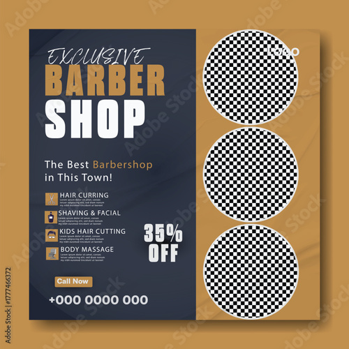 Modern barber shop advertisement with professional haircut services and discount offer.
Vintage barber shop magazine cover featuring classic hairstyles and grooming techniques.