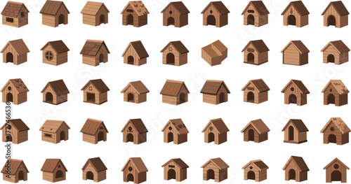 Dog house collection, wooden pet shelters, kennel designs, 3D models, animal architecture, puppy homes, outdoor structures, pet housing, vector illustration