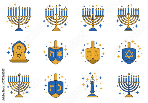 Elegant Hanukkah Icons Menorahs, Dreidels, and Traditional Elements for Jewish Celebrations