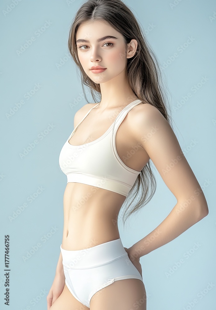 Obraz premium Attractive Young Woman in White Sports Bra and Underwear Posing Against Light Blue Background